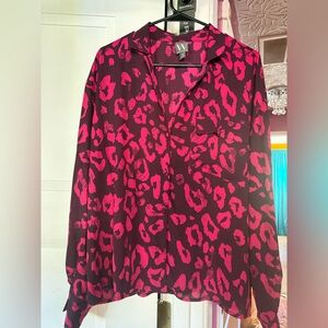 Worthington Fuchsia and Black Animal Print Button Down Shirt